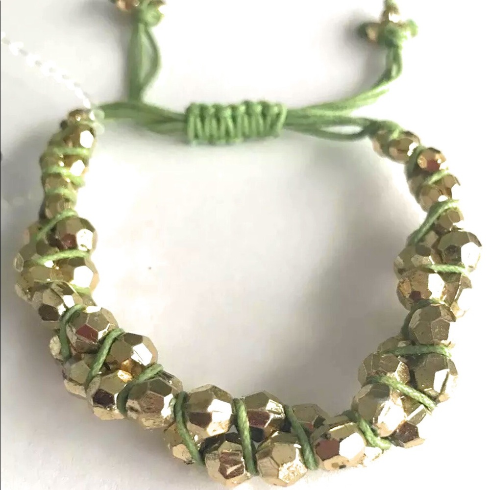 Gold Beads and Green String Macreme Bracelet